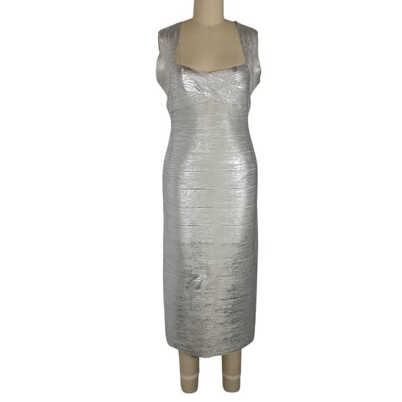 Herve Leger Sleek Silver Halter Crossback Midi Size L Dress NWT - Picture 2 of 5